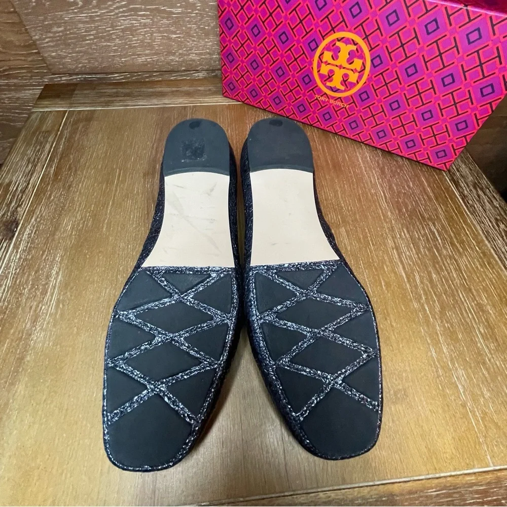 Tory Burch Laila 2 Driver Ballet Flat Navy Crinkle Metallic Size 9